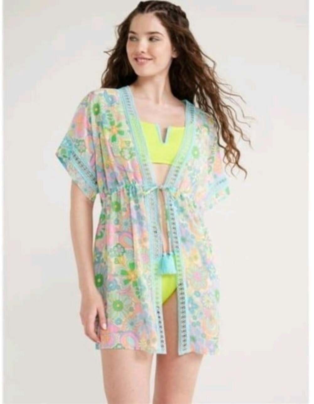 NWT No Boundaries Swim Suit Cover Up M Flower Power 1970’s Crochet Drawstring